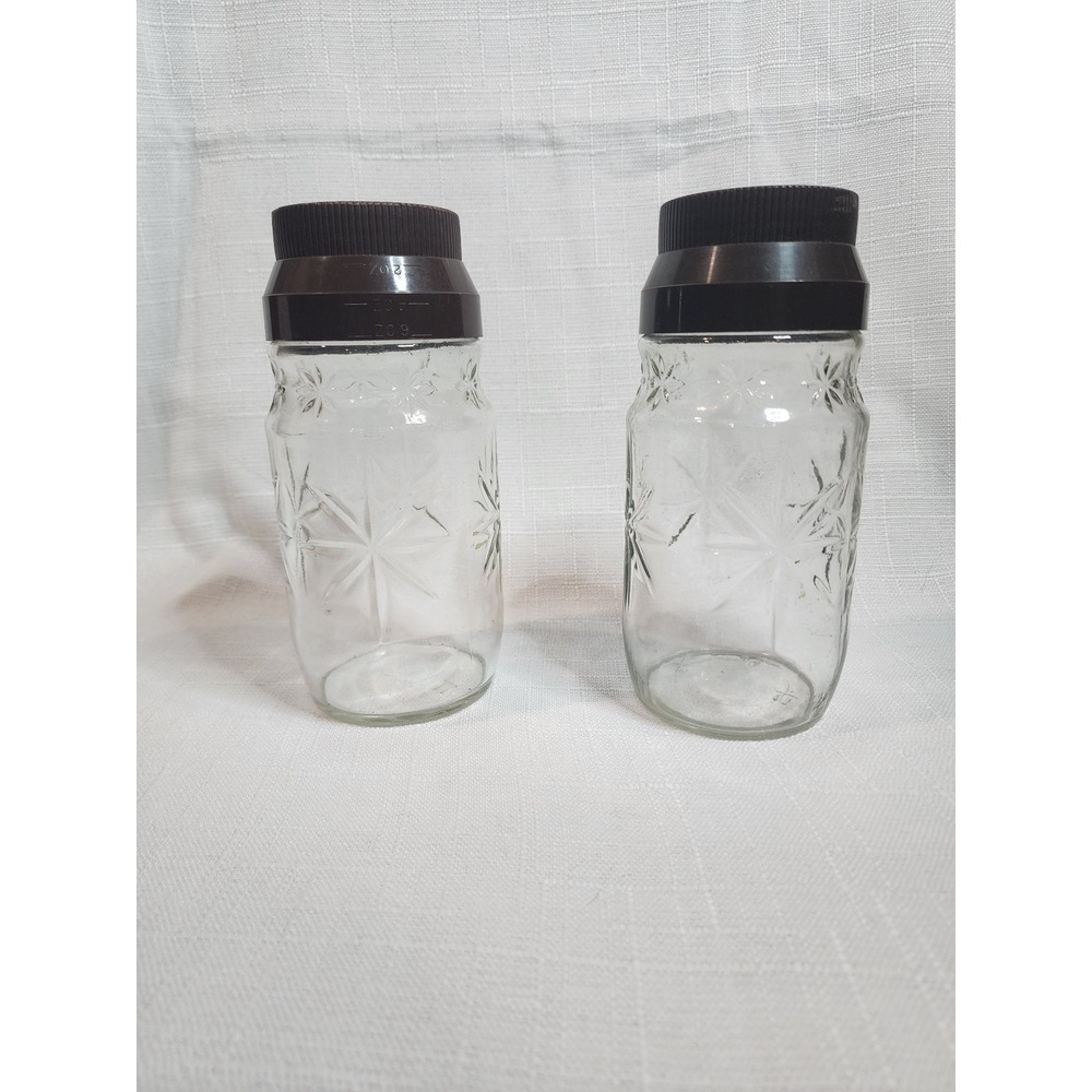 Vintage Starburst Glass Jars with Brown Measuring Cup Lids Set of 2